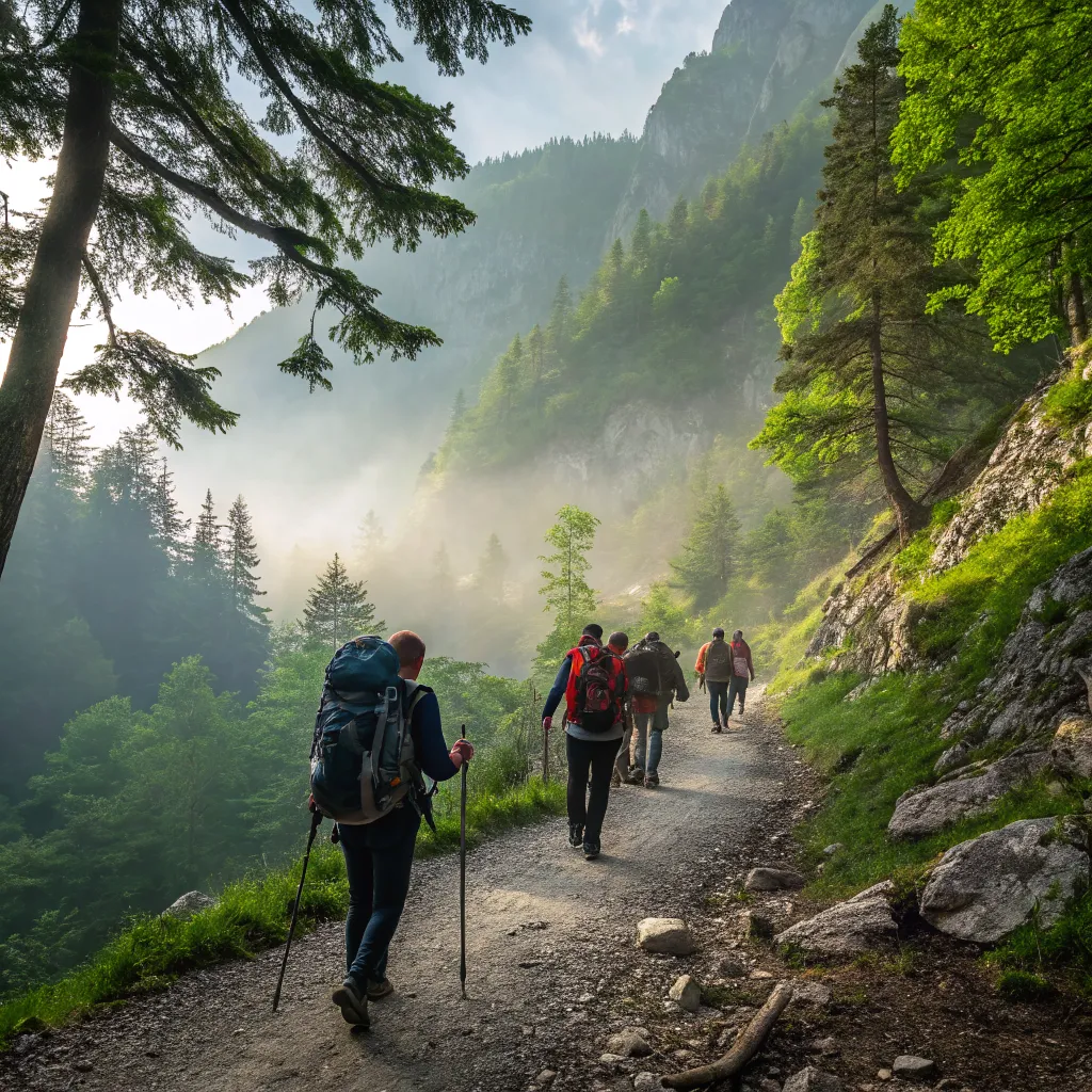 Guided hiking group on a forest trail in Olympus