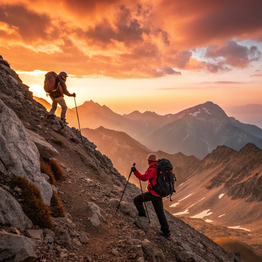 Hikers ascending Mount Olympus at sunrise