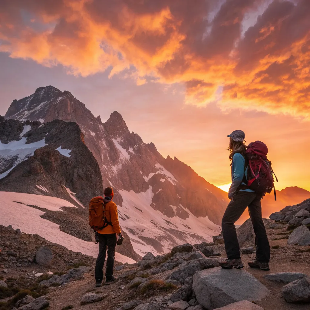 Hikers at sunrise on Mount Olympus